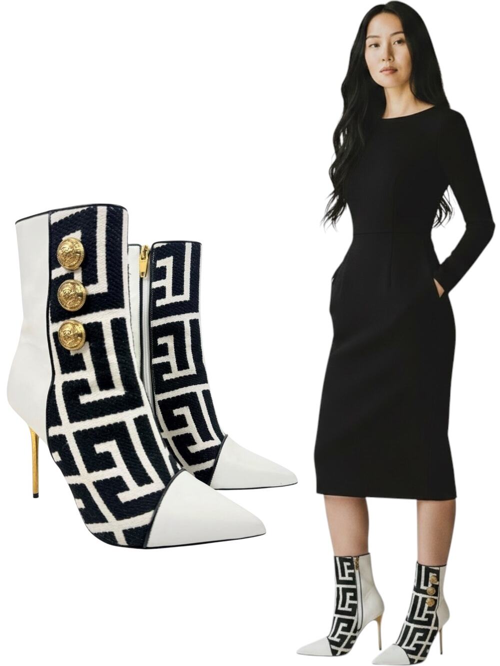 Balmain Roni Monogram Jacquard Leather Ankle Booties White Size 37.5